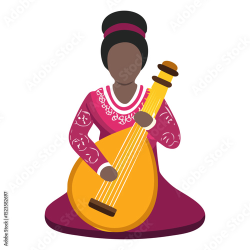 A musician playing a kora (traditional African harp), wearing a patterned robe. 