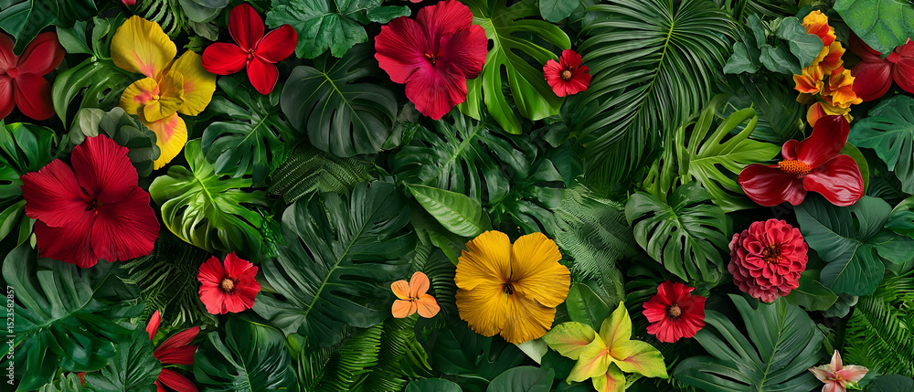 Naklejka premium Tropical Floral Pattern Background with Vivid Colors