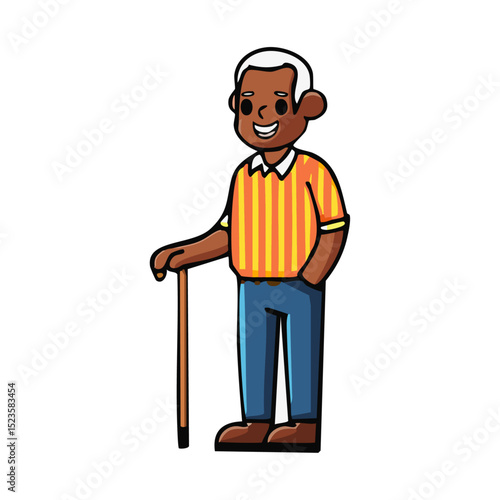 An elderly man with a walking stick, wearing a patterned shirt and a warm smile. 