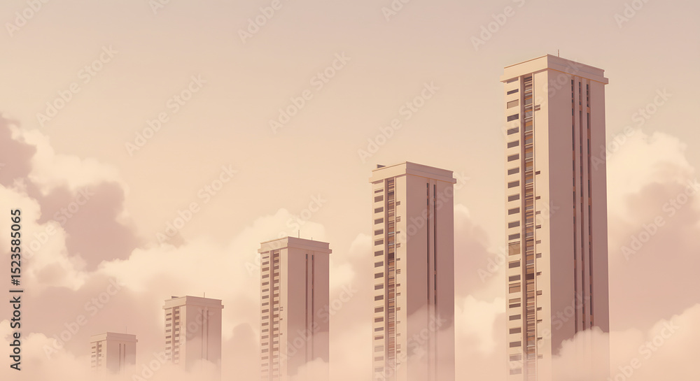Obraz premium Tall skyscrapers standing against a sky with a warm, golden hour glow, suggesting an urban landscape at sunset or sunrise. Represents city life, business, architecture, and growth. 