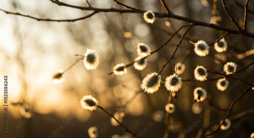 Fototapeta premium Delicate willow branches with soft buds bathed in golden sunlight creating a spring vibe
