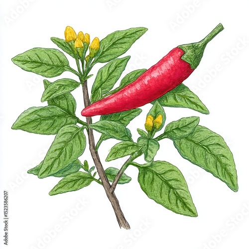 Vibrant red chili pepper on a green plant with yellow flowers, illustrated in detailed botanical style against a white background. 