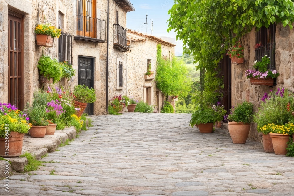 Naklejka premium Charming Stone Street with Flower Pots - Picturesque cobblestone street lined with charming stone buildings, adorned with vibrant flower pots. Idyllic European village scene