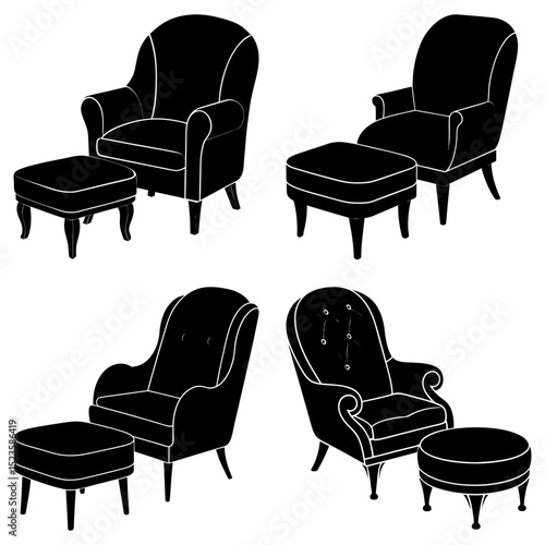 Four sets of armchairs and ottomans in black and white showcasing different furniture designs styles