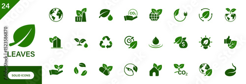 Leaves icon. Containing tree, plant, nature, ecology, environment, recycle, green city, green goal, earth. Solid vector icons collection.