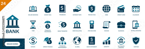 Bank icon. Containing financial business, money, passbook, time, automated banking, ATM. Solid vector icons collection.