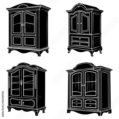 Four antique cabinets in black and white with varying designs and storage compartments displayed