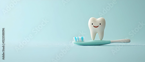 Smiling Tooth On Toothbrush Against Pastel Blue Background