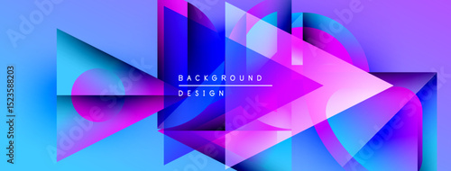 Abstract geometric shapes overlap, creating vibrant blue, pink, purple gradients. Modern design elements suggest dynamic energy, visual appeal.