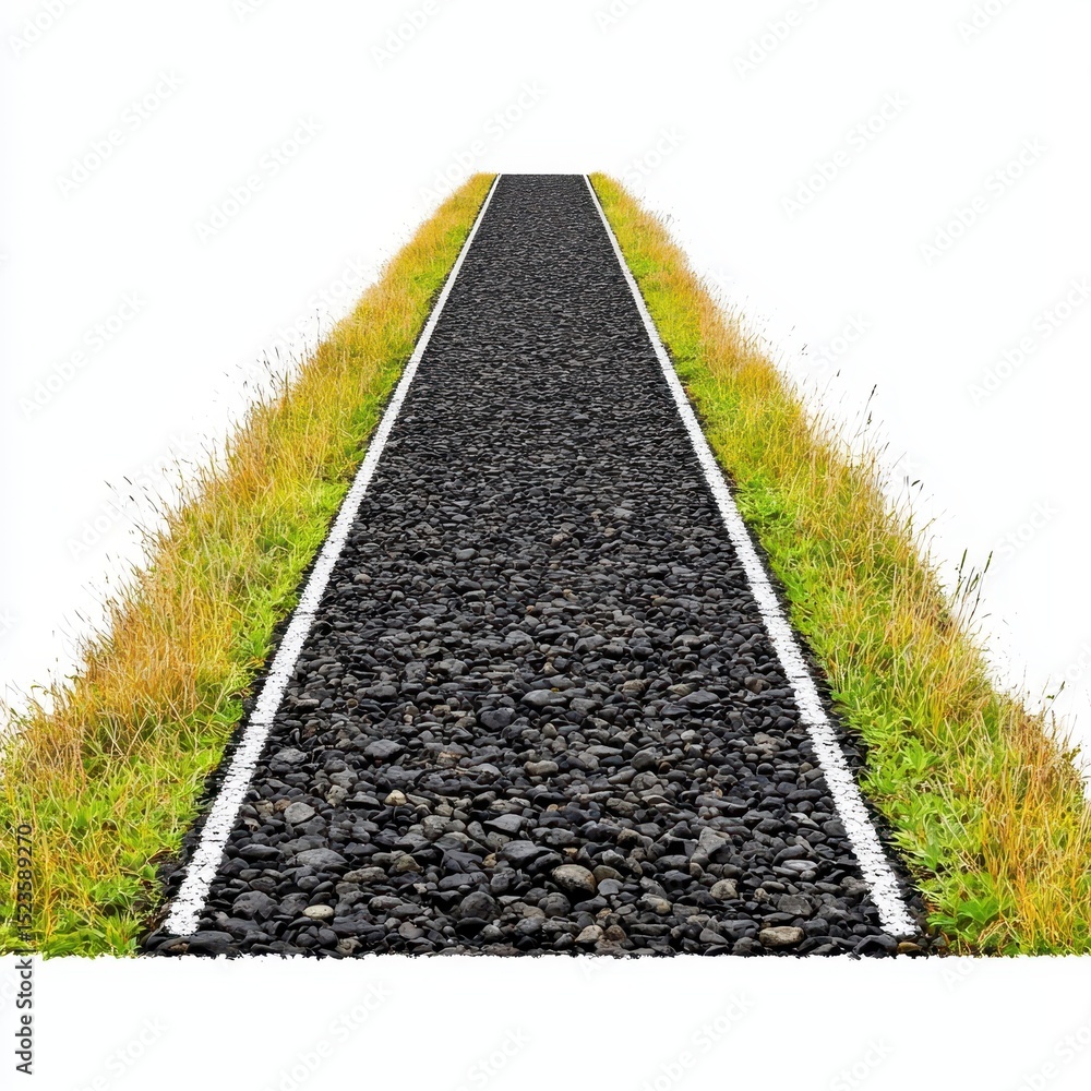 Obraz premium A straight asphalt road stretches into the distance with green grass on either side. A white line runs along the road's edge, set against a clean