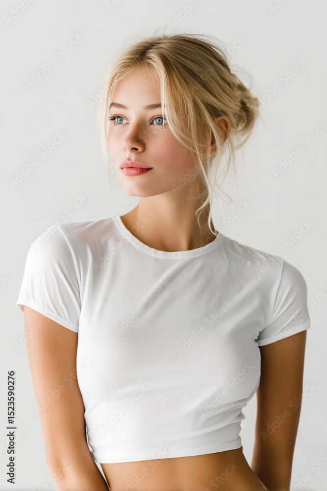 Fototapeta premium A young woman with blonde hair styled in a loose bun, wearing a fitted white t-shirt mockup. She has a natural, soft expression and is posed against a light, neutral background.