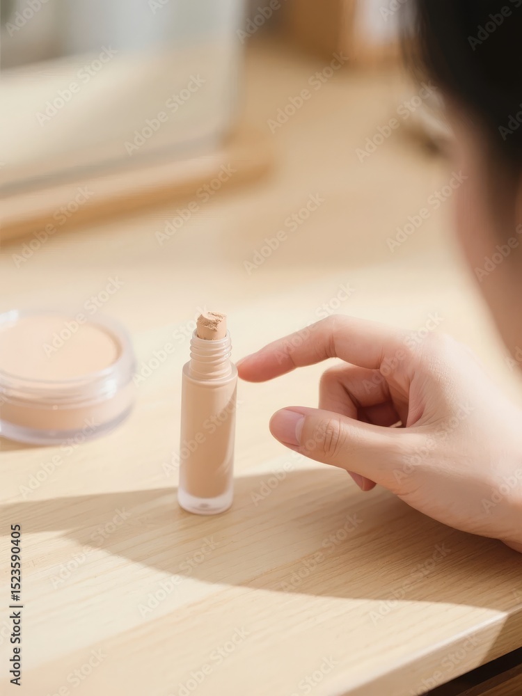 Person examining a small cosmetic bottle on a wooden table near a mirror Person examining a small cosmetic bottle on a wooden table near a mirror