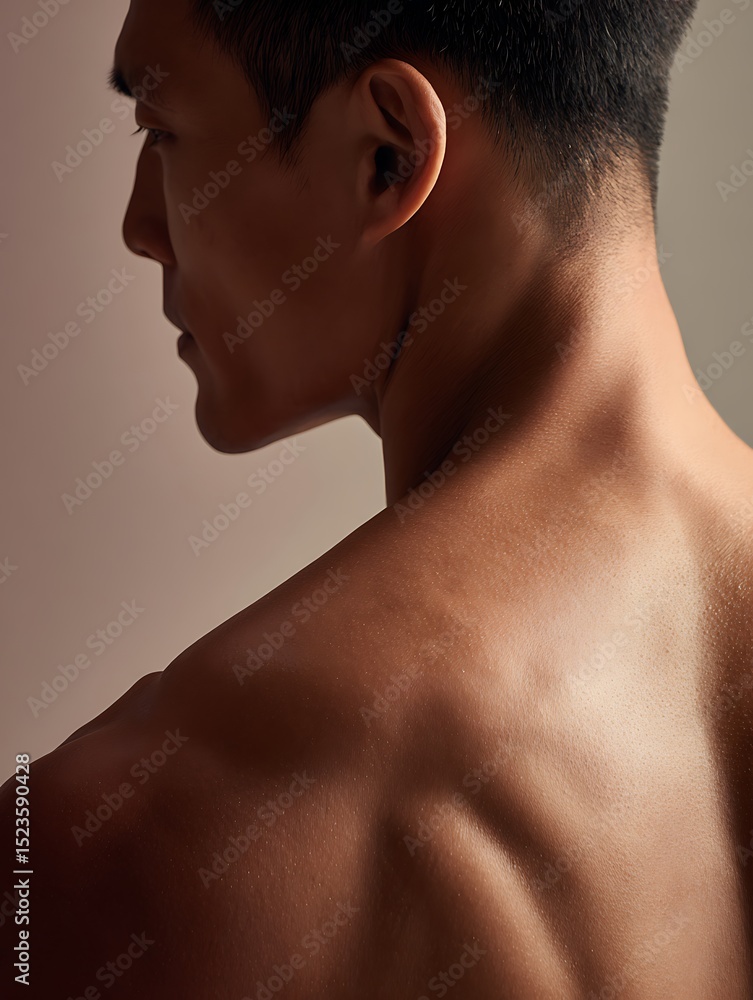Fototapeta premium Close-up of male back with smooth, even-toned skin, studio lighting highlighting healthy texture.