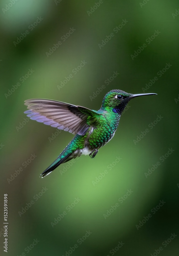 Fototapeta premium Emerald hummingbird flying in nature green background wildlife photography