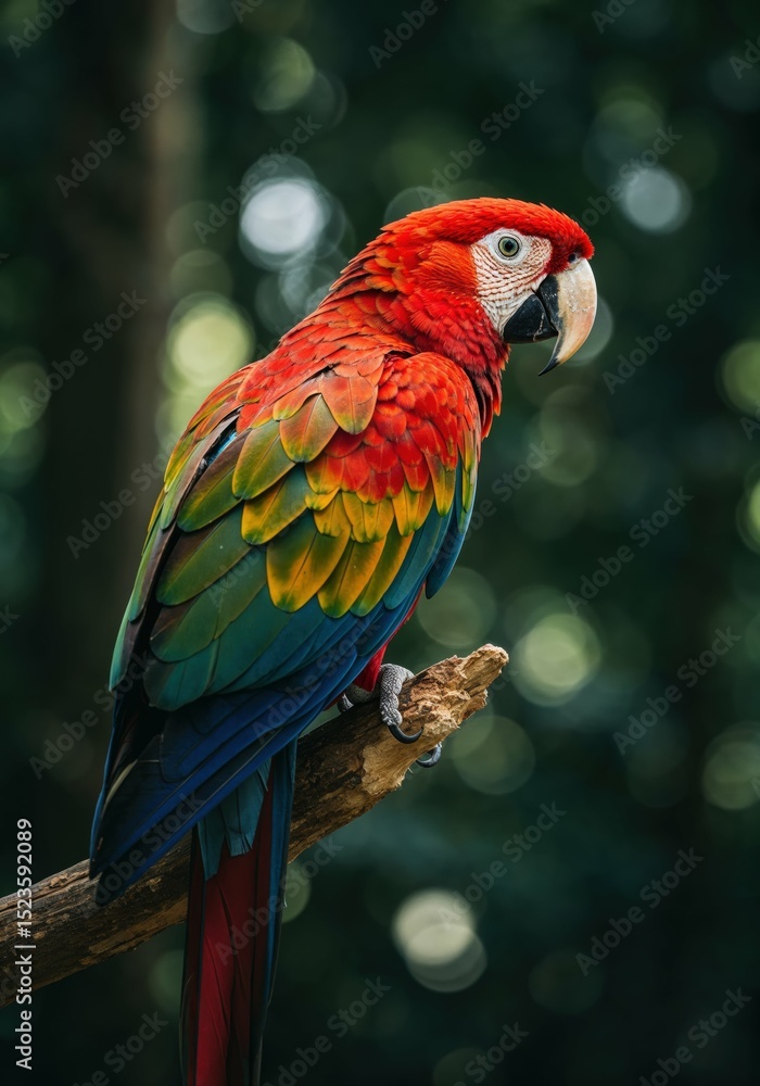 Fototapeta premium Scarlet macaw parrot perched tropical bird wildlife nature avian colorful beak
