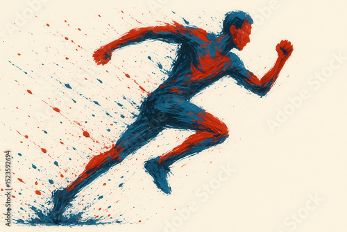 Dynamic painting of running figure in red and blue brushstrokes, capturing motion and energy. abstract style emphasizes speed and movement, with splatters enhancing effect