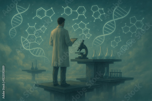 Scientist in lab coat stands on platform surrounded by floating DNA strands and chemical structures, symbolizing scientific exploration and discovery