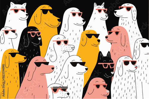 Hand drawn style illustration of cool dogs wearing summer sunglasses