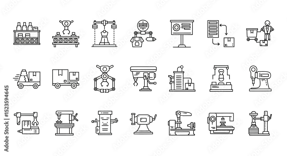 Industrial Machinery and Logistics Line Icons Vector Graphics Set Industrial Machinery and Logistics Line Icons Vector Graphics Set