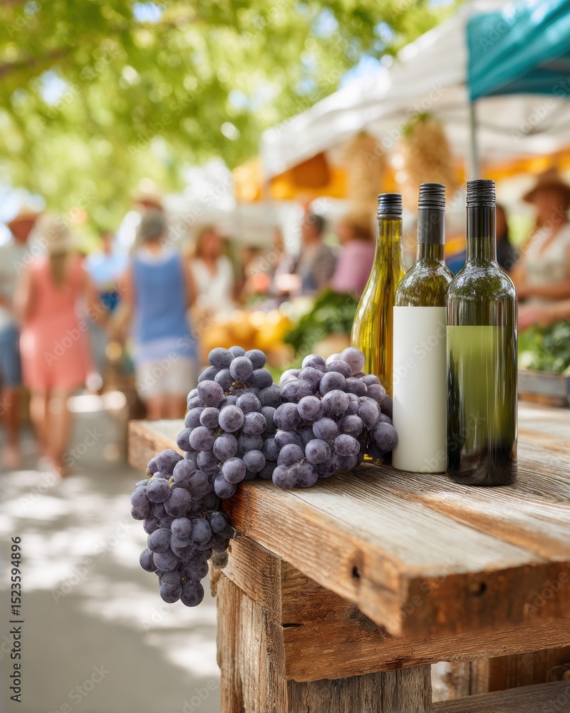 Fototapeta premium Rustic Wine Tasting Booth with Fresh Grape Clusters on Wooden Counter at Vibrant Outdoor Market - Artisanal Beverage Tourism and Community Celebration