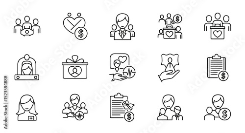 Donation, Charity, Volunteer, Nonprofit, and Fundraising Icon Set Line Art Vector Graphics