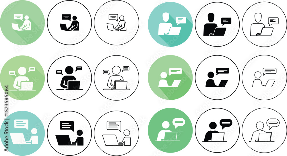 Set of chatting and working with laptop icons representing communication and online interaction Set of chatting and working with laptop icons representing communication and online interaction