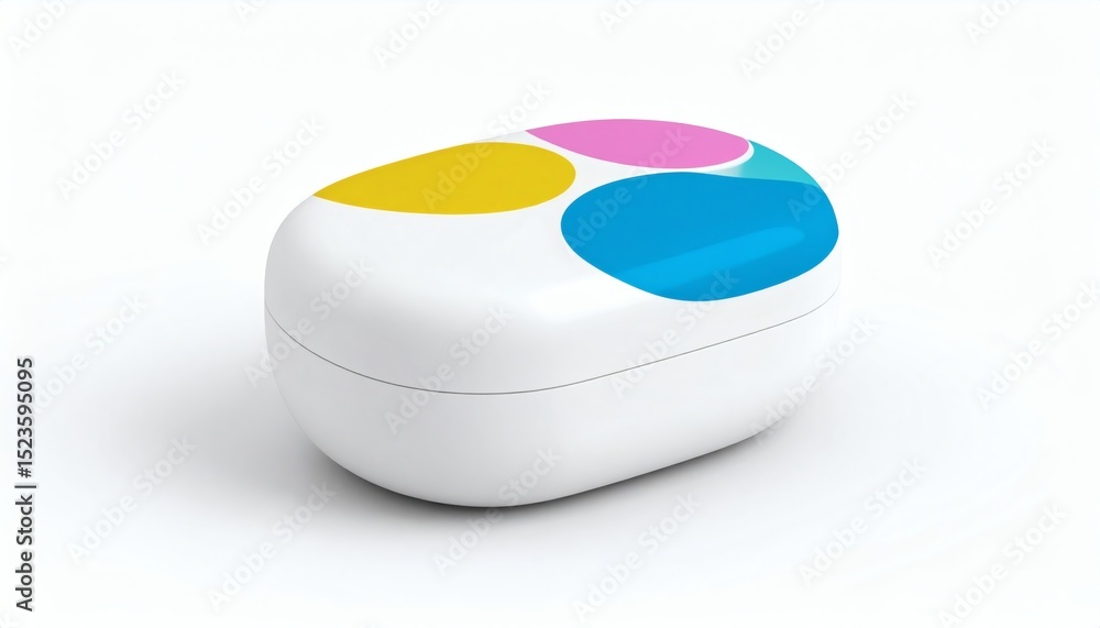 Fototapeta premium White container with yellow pink and blue dots on top isolated on white
