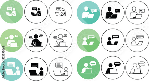 Set of chatting and working with laptop icons representing communication and online interaction