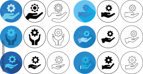 Various gear icons held in hands illustrating concepts of support and partnership