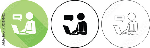 Person using laptop computer for online communication with dialogue bubble and circle frame