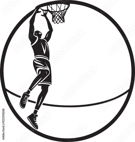 Basketball vector silhouette of a player performing a clean and controlled dunk over the hoop, captured mid-motion in a professional vector design. Simple, bold, and modern.