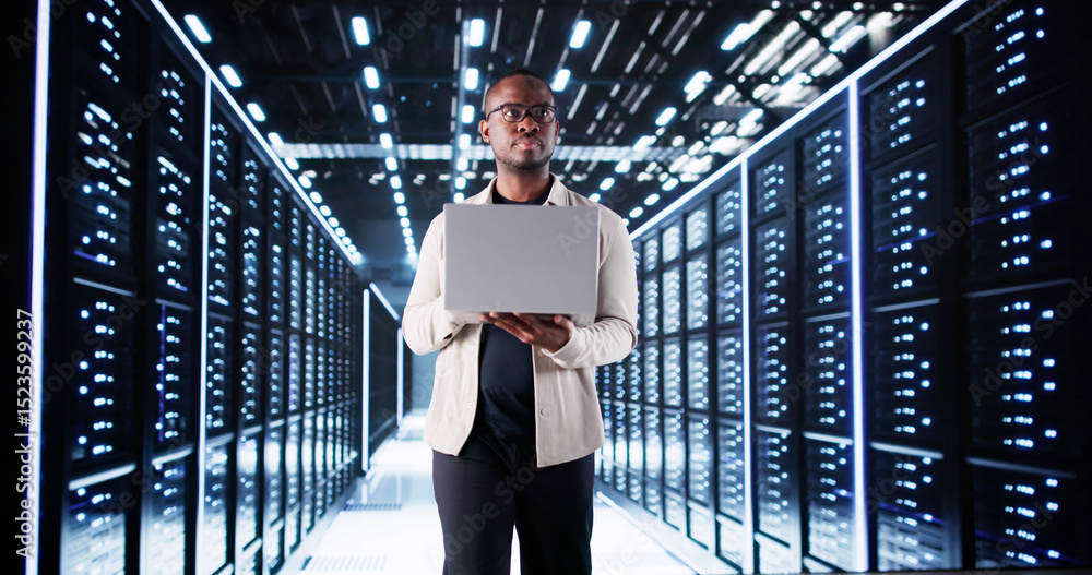 Fototapeta premium Smiling IT Specialist Configuring Servers In Data Center