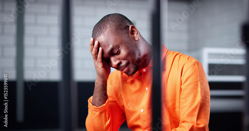 Fotografi Locked Behind Bars, An African American Man Cries In Jail