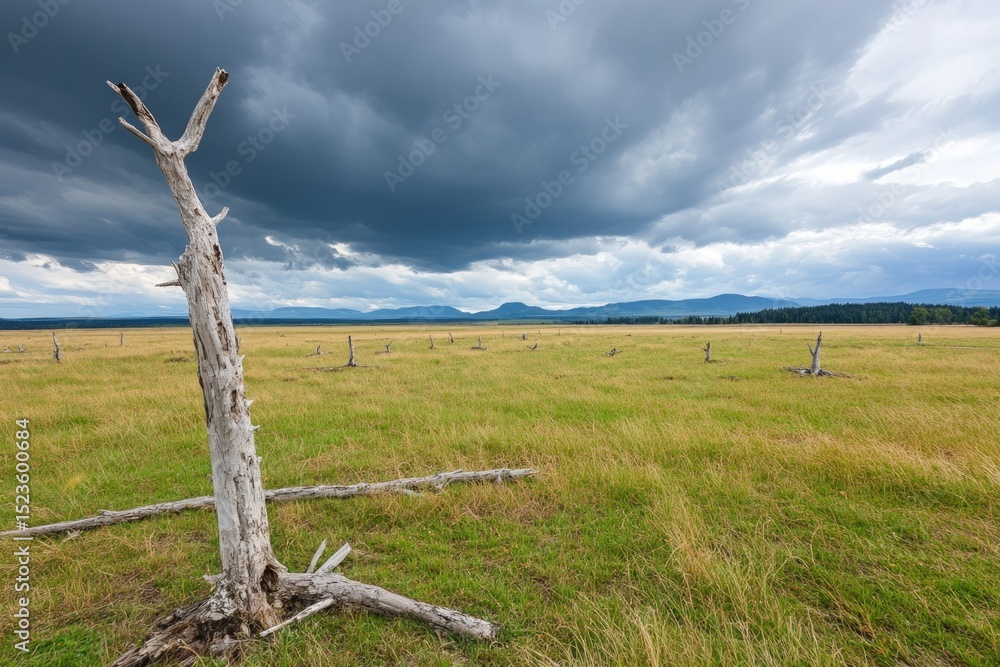 Fototapeta premium Desolate tree skeleton in grassy field under dramatic sky peaceful rural landscape