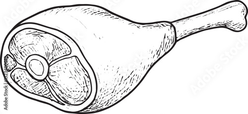 A detailed black-and-white sketch of a raw ham hock with bone, showcasing textured meat and bone structure, ideal for butcher shop visuals, culinary art, or meat product designs, rendered in a hand-dr