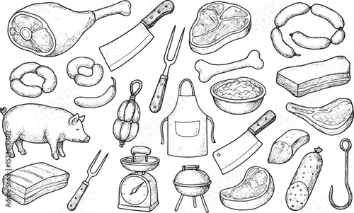 A detailed black-and-white sketch featuring a variety of butchery and meat-related items, including cuts of pork, sausages, ham, knives, a meat fork, apron, scale, barbecue grill, bone
