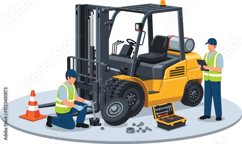 Two industrial technicians repairing a forklift wheel with safety equipment and tools on isolated platform during routine warehouse maintenance