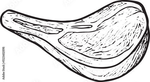 A detailed black-and-white sketch of a raw steak cut, featuring textured grain and bone outline, ideal for butcher shop displays, culinary art, or meat packaging designs, with a hand-drawn, rustic sty
