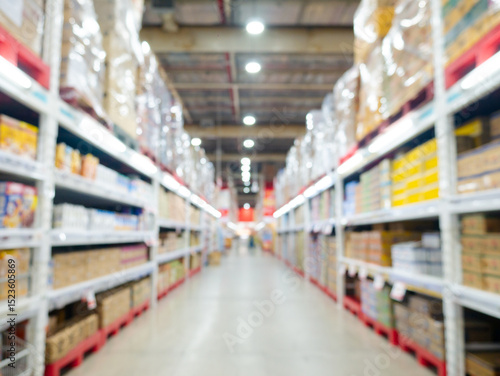 Blurred view of modern supermarket store background. aisle shelves in hypermarket superstore defocused bokeh light background.
