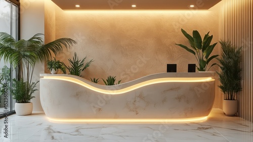 Modern beige reception desk with plants