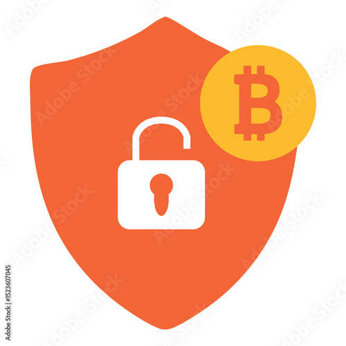 Bitcoin data security icon: shield with padlock and Bitcoin coin. Represents crypto protection, secure transactions, and digital asset safety. Flat vector.