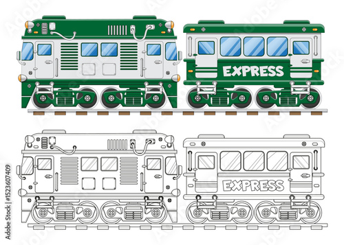 Passenger train. Coloring. Isolated on white background. Side view. Vector illustration.
