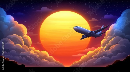 Pixel art airplane flying over a large orange sunset, surrounded by clouds and stars. Night sky with vibrant colors