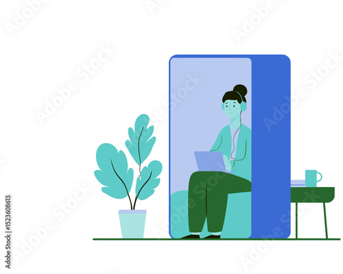 Man in green outfit working inside cubicle with plants around flat vector ideal for modern focus pod or study booth scenes