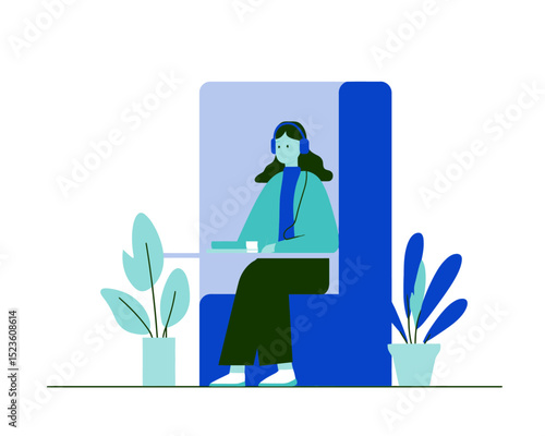 Woman in private booth using laptop with suitcase nearby flat vector ideal for coworking space or travel hub setup