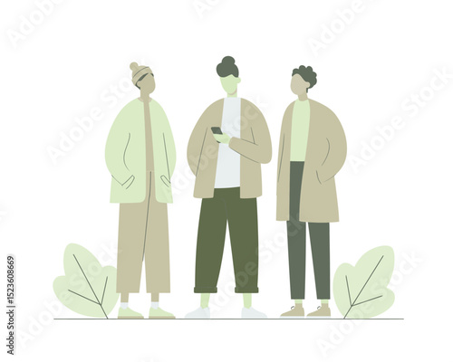 Three men talking outdoors with hand gestures flat vector suitable for friendship group or urban fashion themes