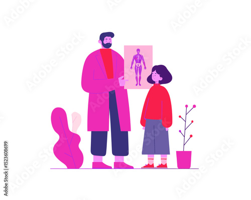 Father and daughter standing beside growth chart and toy flat vector perfect for parenting and childhood development scenes