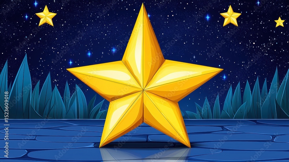 Obraz premium Pixel art golden star on a dark blue background with pixelated trees and stars. Night sky, shiny surface