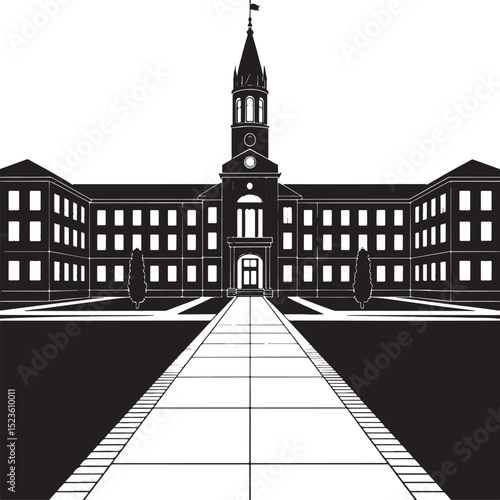 Black and white silhouette of a classic university building.