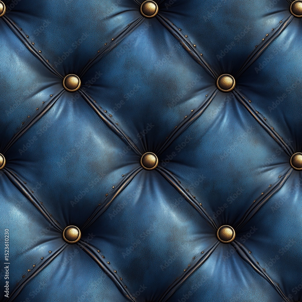 Naklejka premium Seamless pattern of luxurious deep blue leather upholstery with classic diamond tufting and gleaming golden buttons. Ideal for sophisticated design backgrounds.